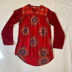 Fusion Women's Small Red Tunic Blouse Boho Whimsical Hippie Celestial